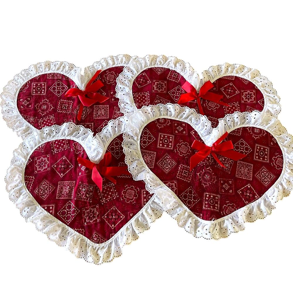 4pc Handmade Reversible Heart Placemats Red Bandana Fall Fabric Cottage